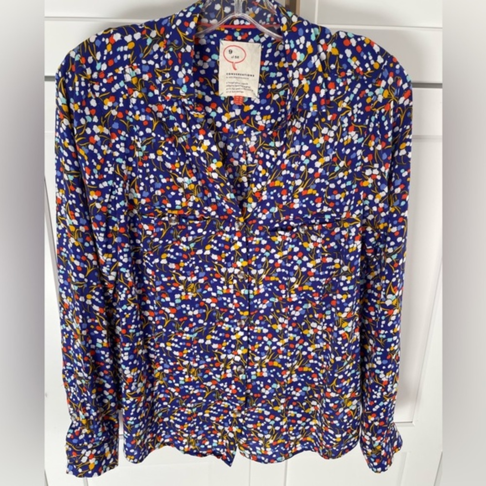 Anthropologie Conversations Blue Floral Rayon Button Down Blouse Top US 6